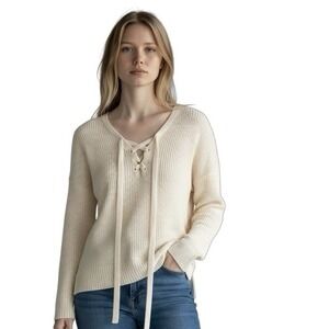Ann Taylor Size M Sweater Wool‎ Cashmere Blend Ivory Lace Up Neckline Classic